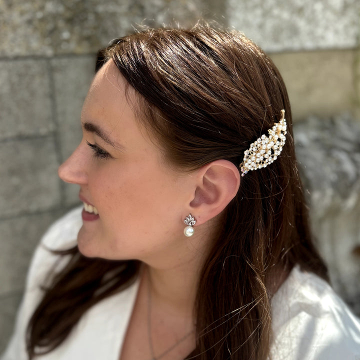 Gold Pearl Leaf Hair Clip, Worn View, Elegant Hair Accessory With Pearls And Crystals, Bridal Leaf Hair Slide, Delicate Gold Pearl Hair Clip, Vintage Inspired Hair Decoration