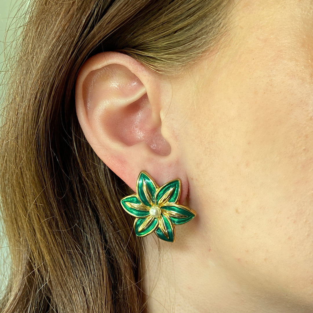 Green Clip On Earrings Floral