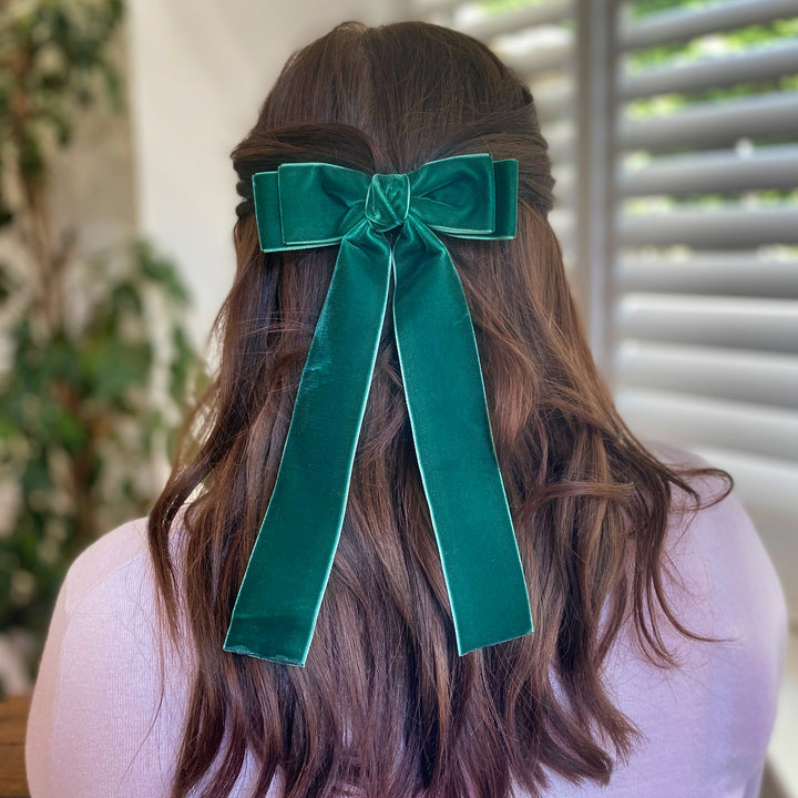 Green Velvet Hair Bow Dark Green Hair Clip Half Up