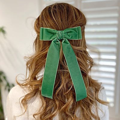 Green Velvet Hair Bow Light Green Hair Clip Hair Down