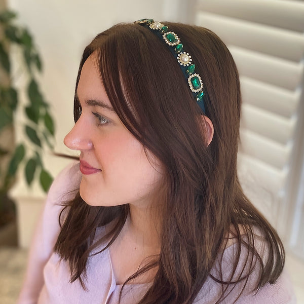 Green Rhinestone Faux Pearl Wide-Brimmed Headband Amazon.com : Firuilo Emerald Headband Pearl Rhinestones  main image 4