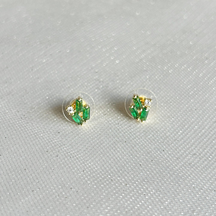 Green Stud Earrings Gold Earrrings with Crystal