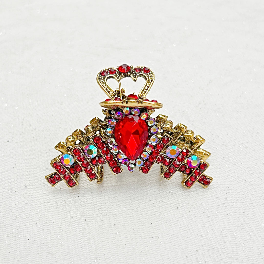 Hair Clamp Red Hair Claw Clip with Crystal Gold Gems