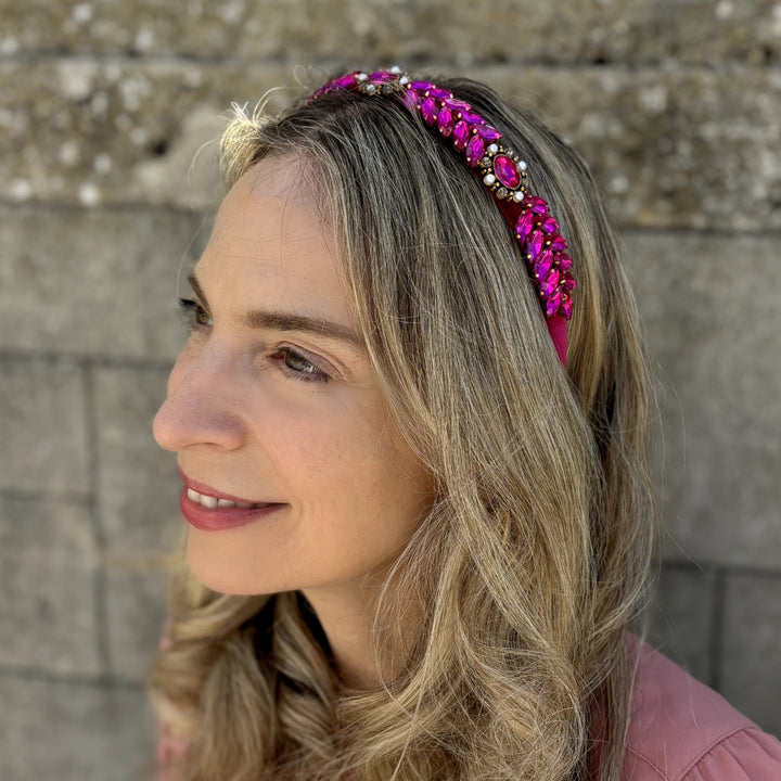 Hot Pink Jewelled Pearl Thin Headband, Slim Pink Hairband With Pearls And Crystals, Statement Pink Headpiece, Elegant Occasion Hair Accessory, Sparkly Vintage Inspired Hairband
