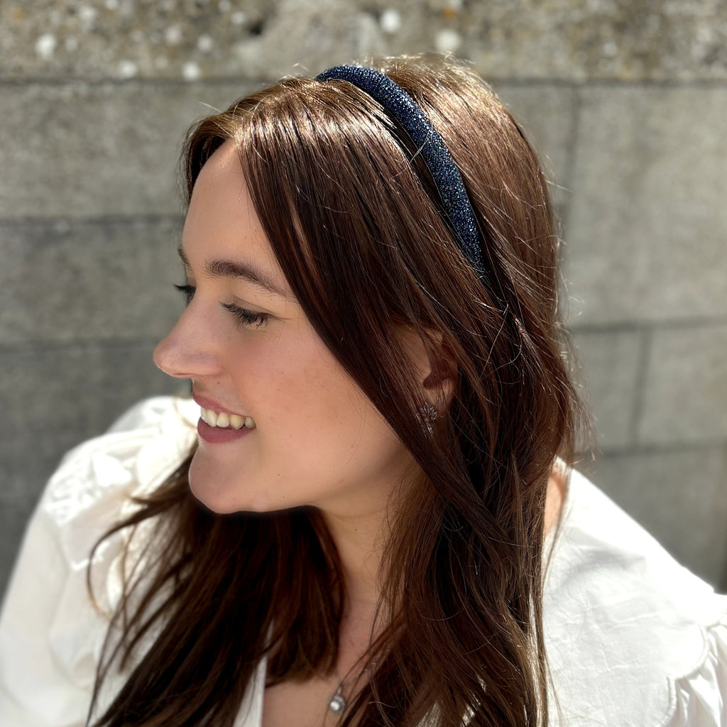 Navy Blue Hair Band, Slim Sparkly Headband, Thin Navy Glitter Hairband For Women, Elegant Evening Hair Accessory, Delicate Navy Headpiece, Shimmering Slim Hairband