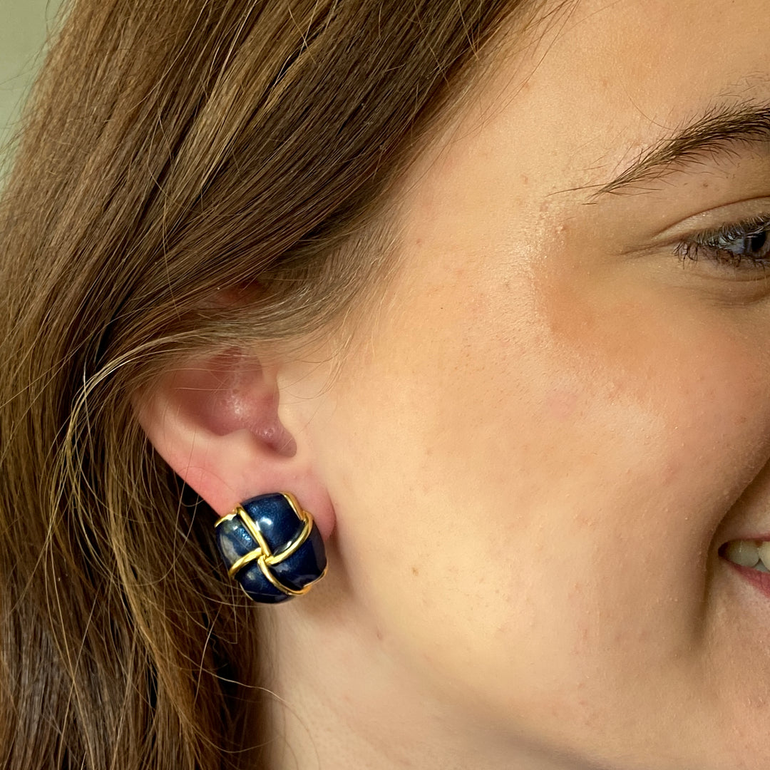 Navy Clip On Earrings Gold