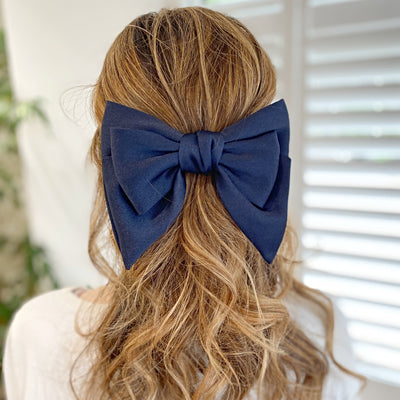 Navy Satin Hair Bow Navy Blue Hair Clip Styled