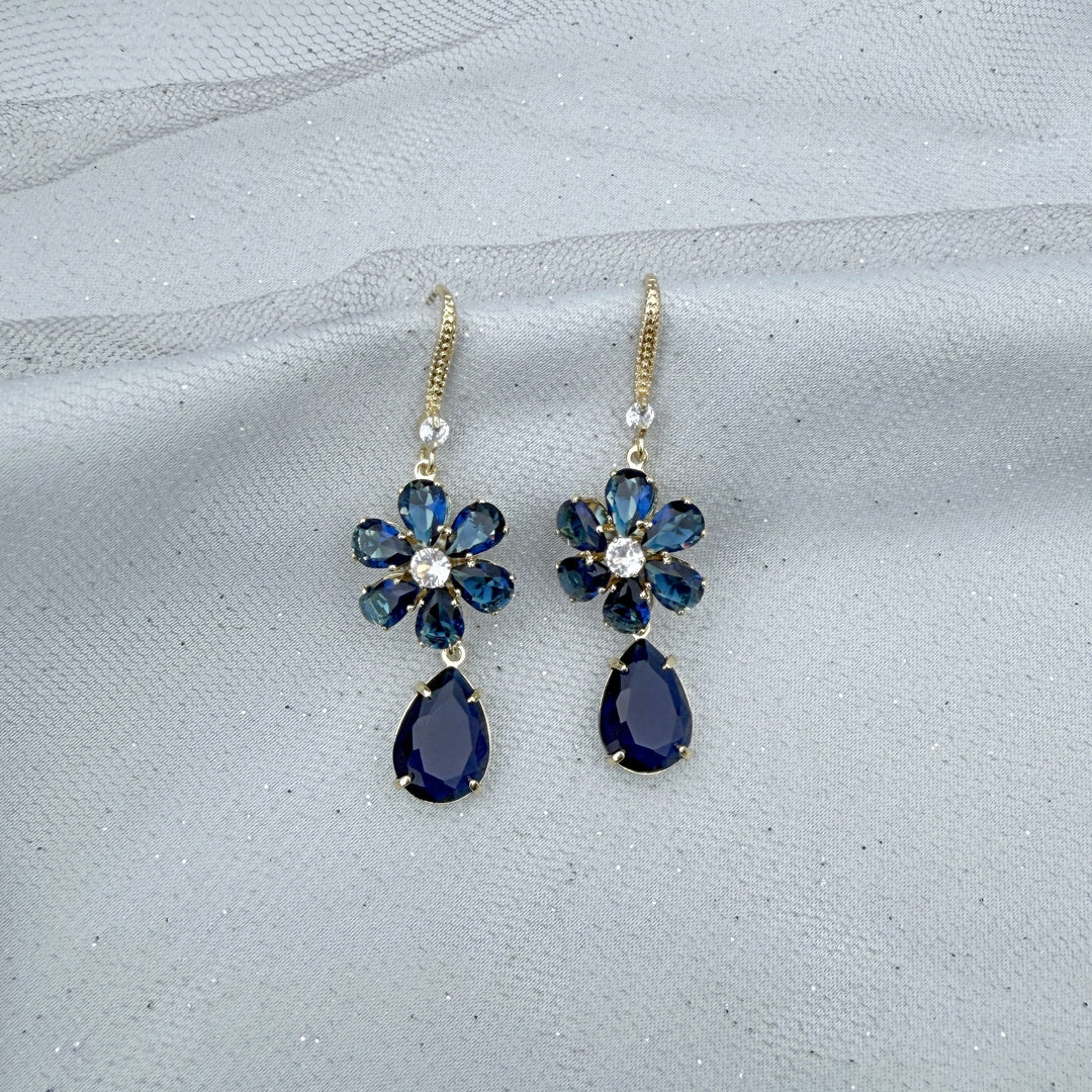 navy blue earrings flower drop earrings with diamante in gold