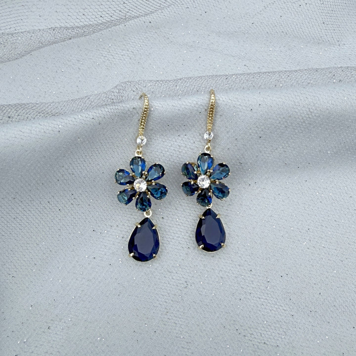 navy blue earrings flower drop earrings with diamante in gold