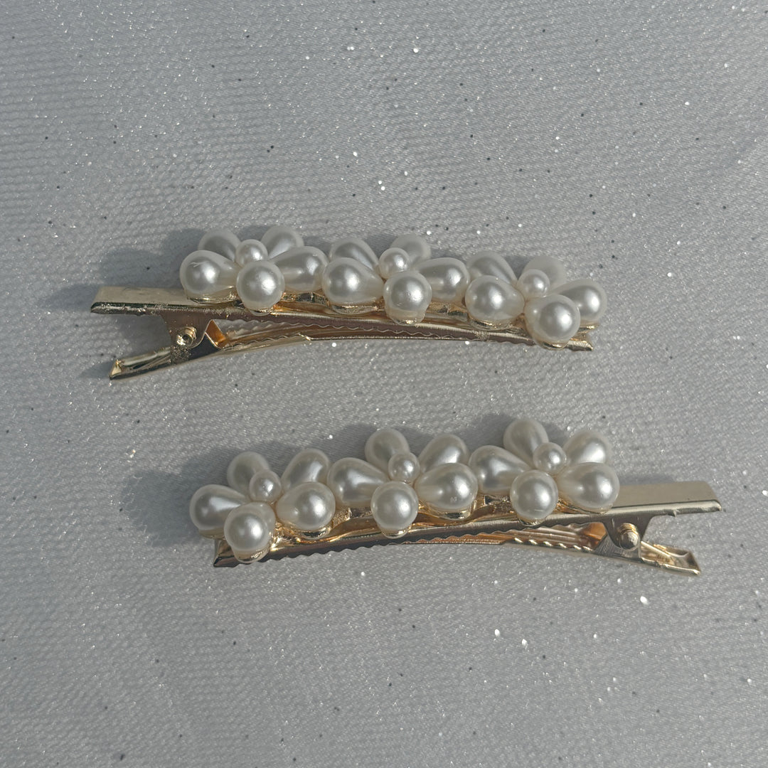 Pearl Hair Grips Long Flower Hair Clips Gold Crocodile Hair Clips Set of 2