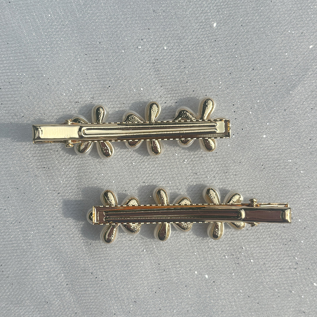 Pearl Hair Grips Long Flower Hair Clips Gold Crocodile Hair Clips Set of 2