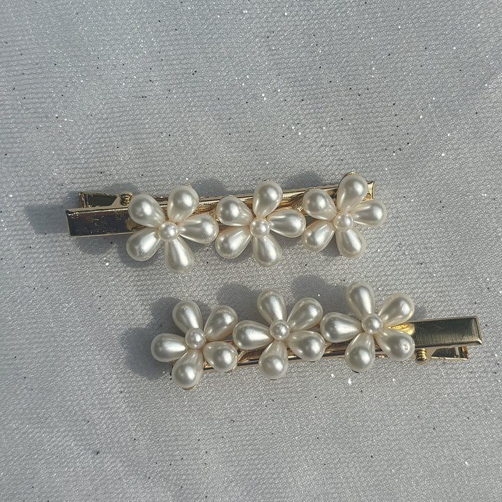 Pearl Hair Grips Long Flower Hair Clips Gold Crocodile Hair Clips Set of 2