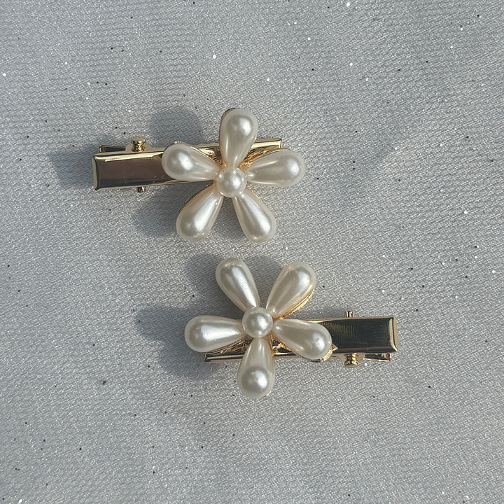 Pearl Hair Grips Small Flower Hair Clips Gold Crocodile Hair Clips Set of 2