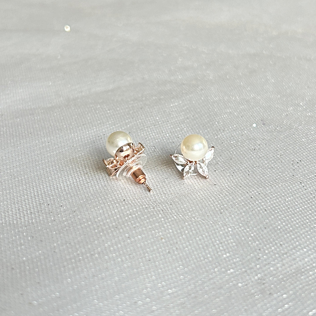 Pearl Stud Earrings with Crystal Vintage Inspired Earrings Rose Gold Back