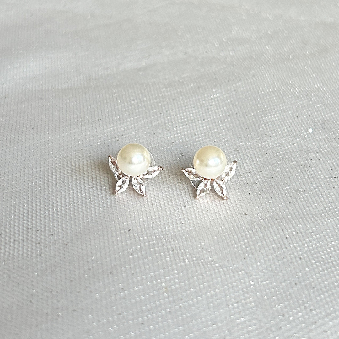 Pearl Stud Earrings with Crystal Vintage Inspired Earrings Rose Gold