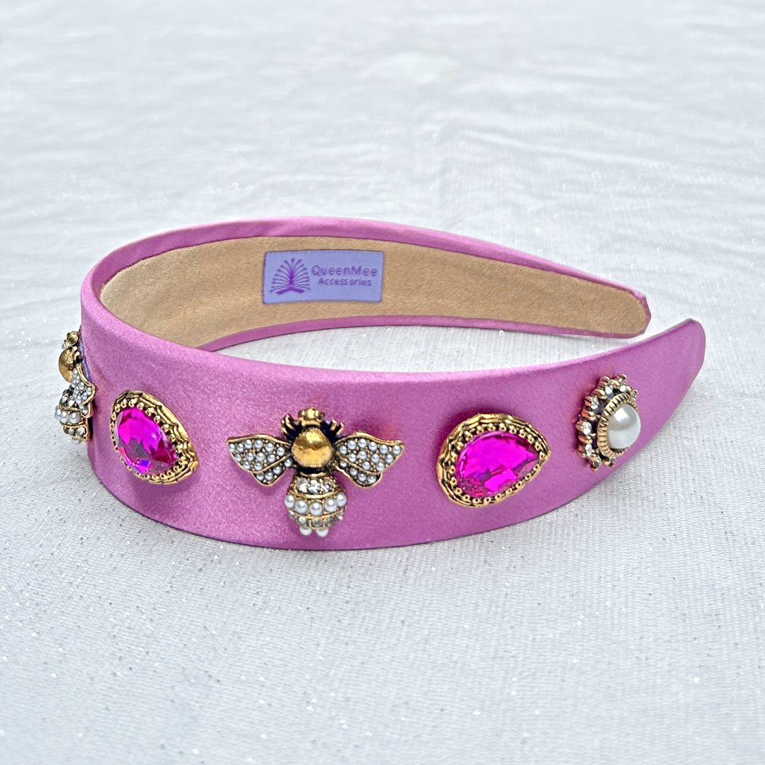 Pink Headband Wide Hair Band with Bee Jewels Pearl