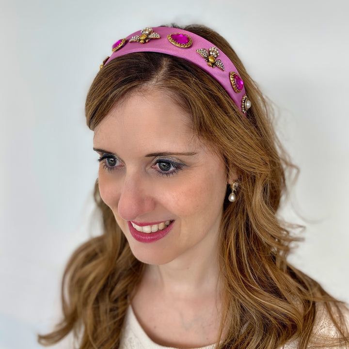 Pink Headband Wide Hair Band with Bee Jewels Wedding Guest