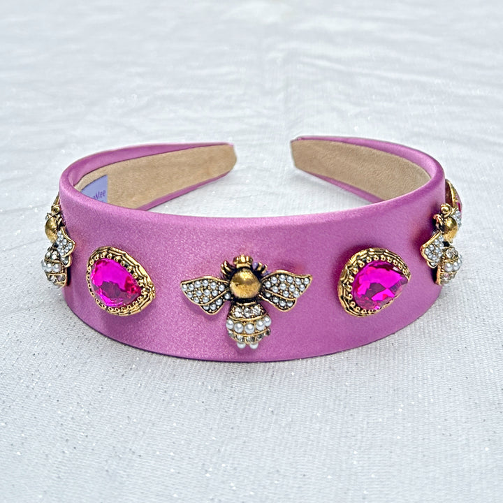 Pink Headband Wide Hair Band with Bee Jewels