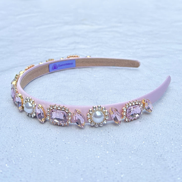 Pink Jewelled Headband Slim Hair Band Vintage Crystal