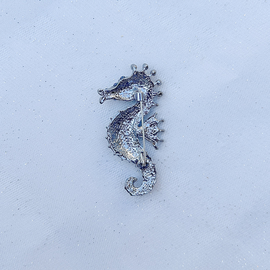 Seahorse Brooch Sea Horse Pin Blue Brooch Crystal Brooch Silver