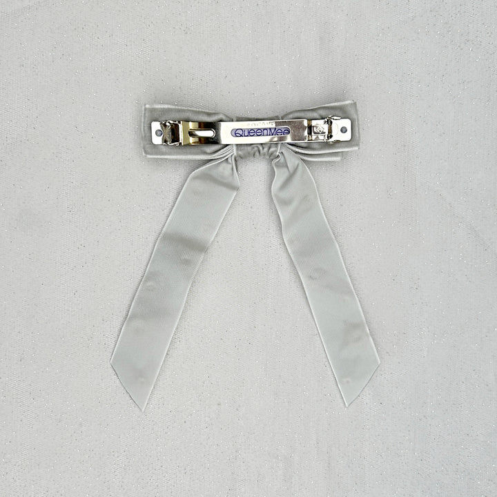 Velvet Bow Hair Clip in Grey with Jewels Barrette