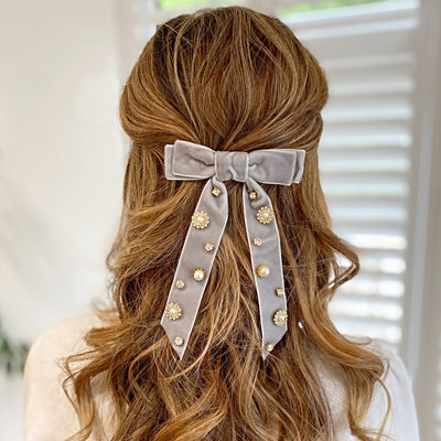 Velvet Bow Hair Clip in Grey with Jewels Hair Down