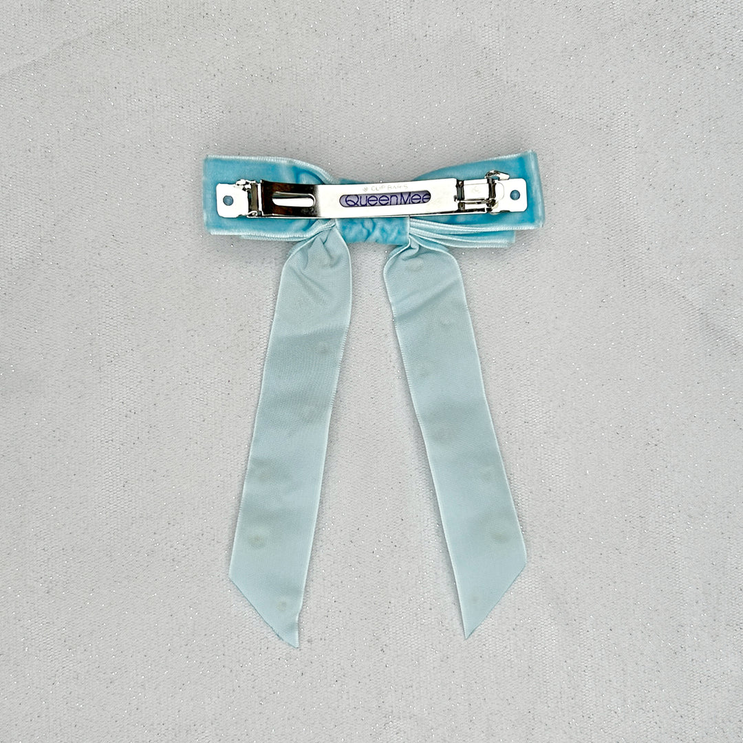 Velvet Bow Hair Clip in Light Blue with Jewels Barrette