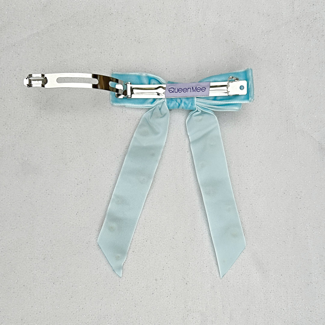 Velvet Bow Hair Clip in Light Blue with Jewels Pearls