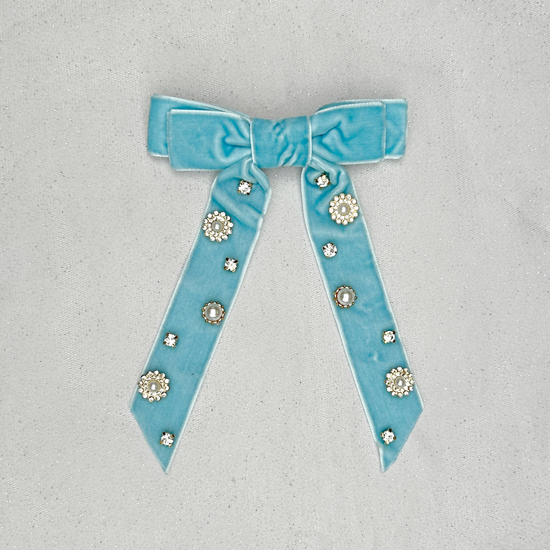 Velvet Bow Hair Clip in Light Blue with Jewels