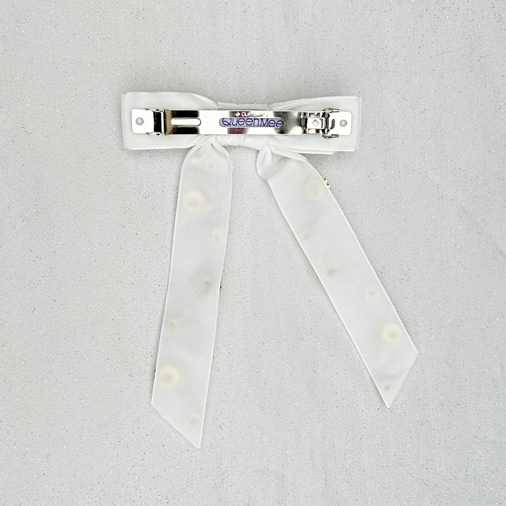 Velvet Bow Hair Clip in White with Jewels Barrette