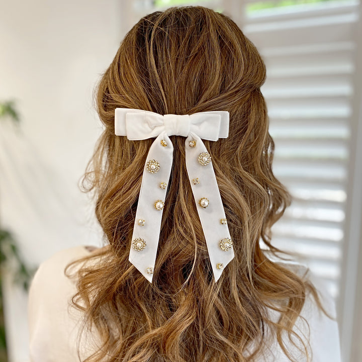 Velvet Bow Hair Clip in White with Jewels Hair Down