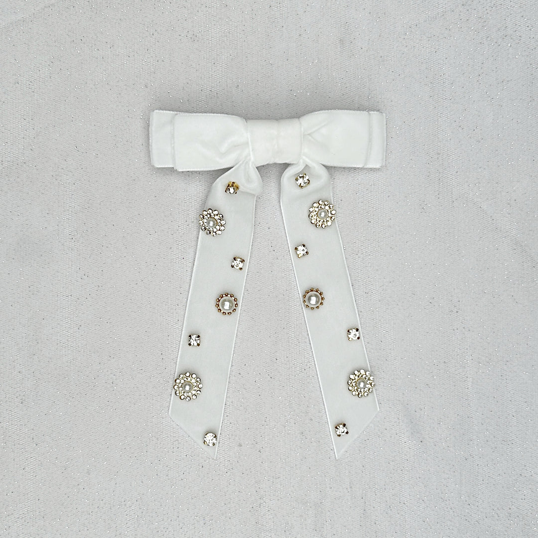 Velvet Bow Hair Clip in White with Jewels