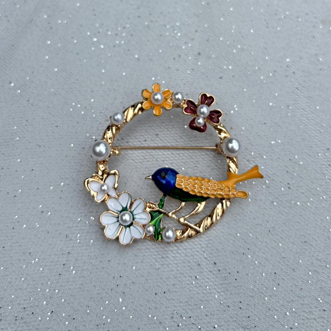 Vintage Brooch with Bird in Enamel