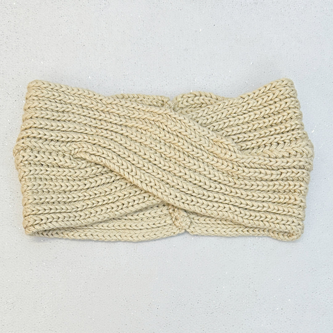 Winter Headband Beige with Brooch in Organic Cotton Lurex Ear Warmer