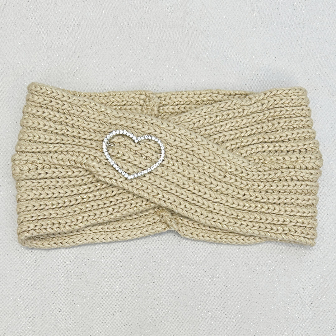 Winter Headband Beige with Heart Brooch in Organic Cotton Lurex Ear Warmer