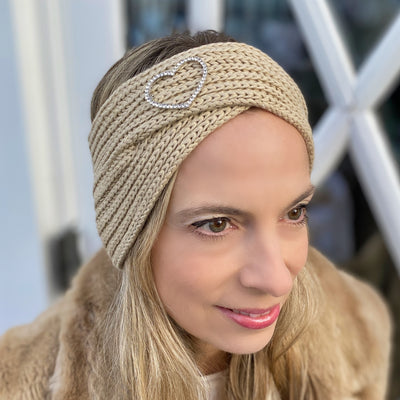 Winter Headband Beige with Heart Brooch in Organic Cotton Lurex
