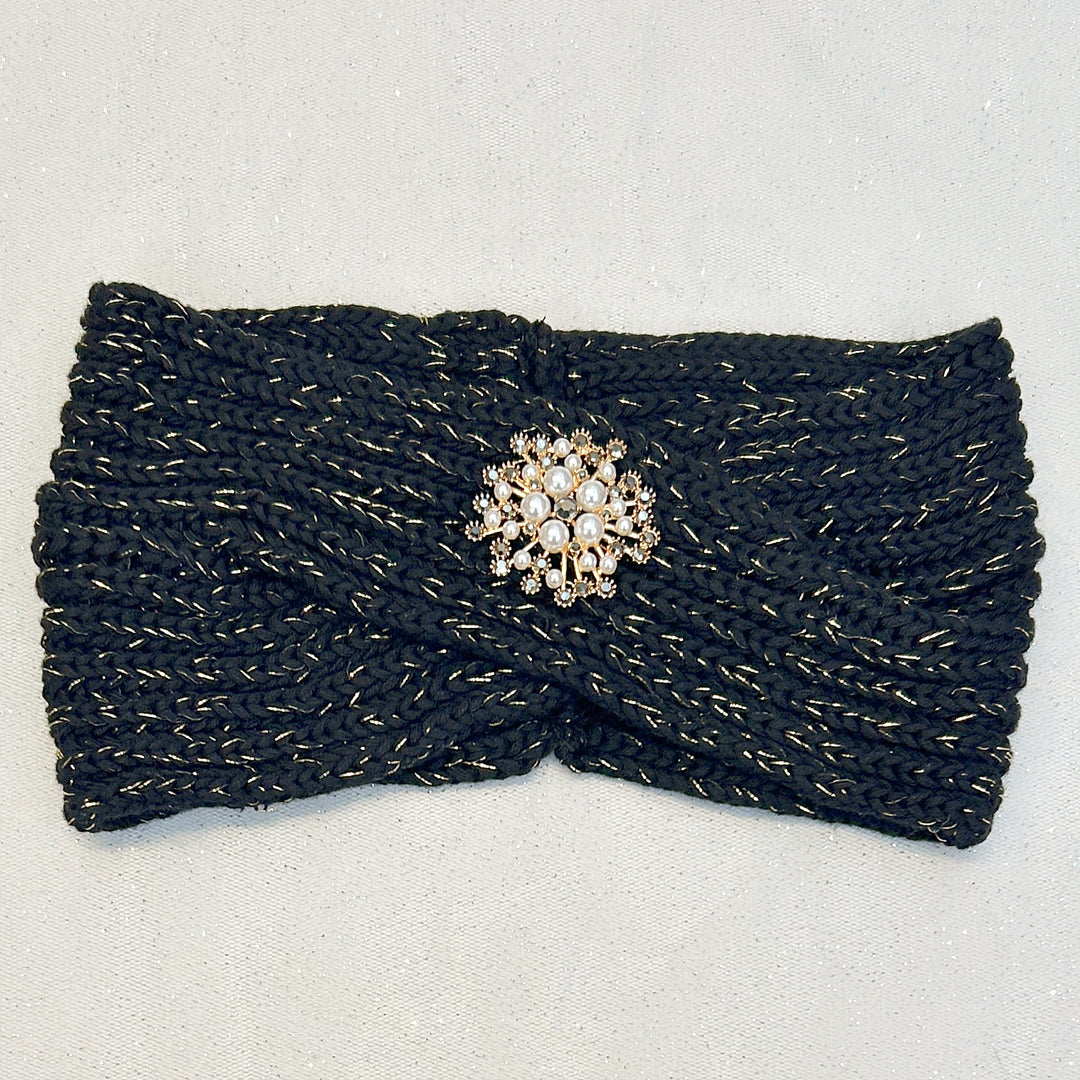 Winter Headband Black and Gold with Pearl Brooch in Organic Cotton Lurex Ear Warmer