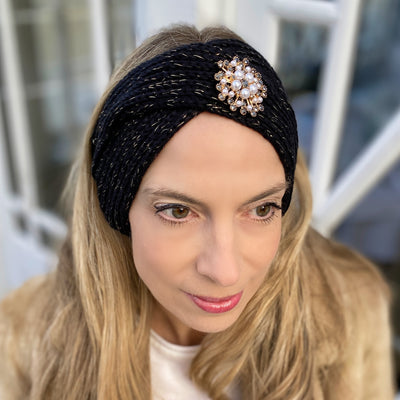 Winter Headband Black and Gold with Pearl Brooch in Organic Cotton Lurex