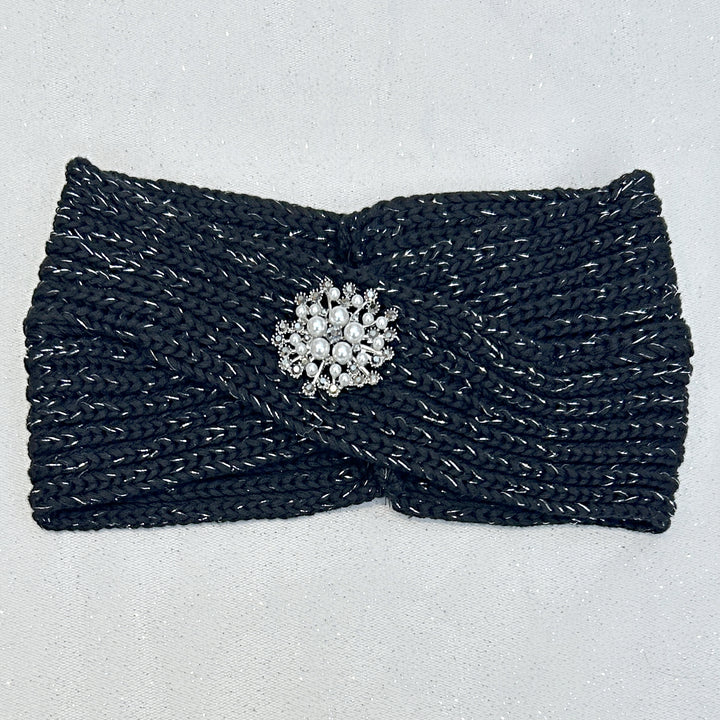 Winter Headband Black and Silver with Pearl Brooch in Organic Cotton Lurex Ear Warmer