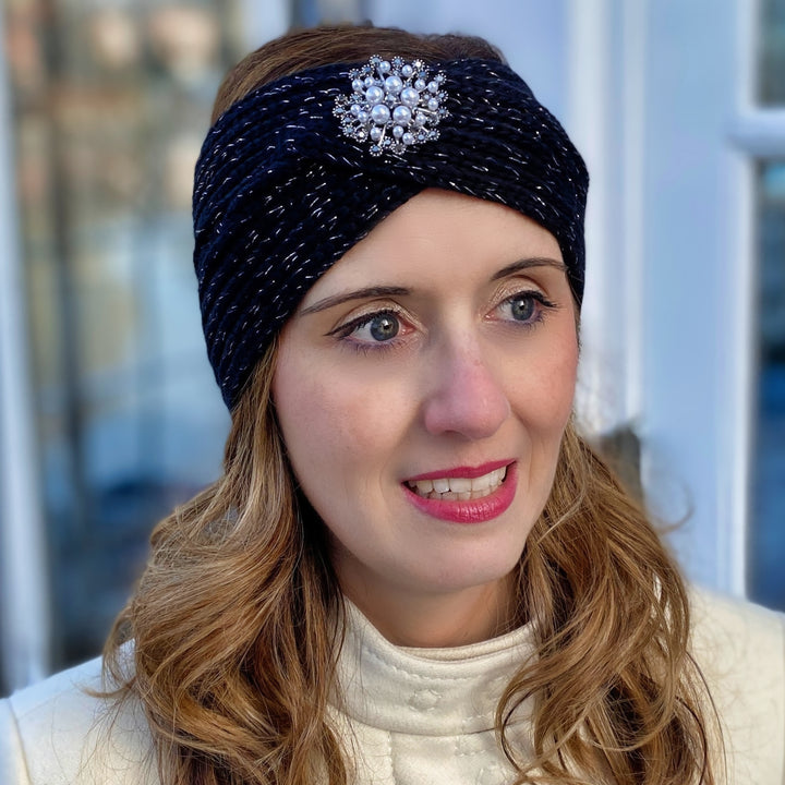 Winter Headband Black and Silver with Pearl Brooch in Organic Cotton Lurex