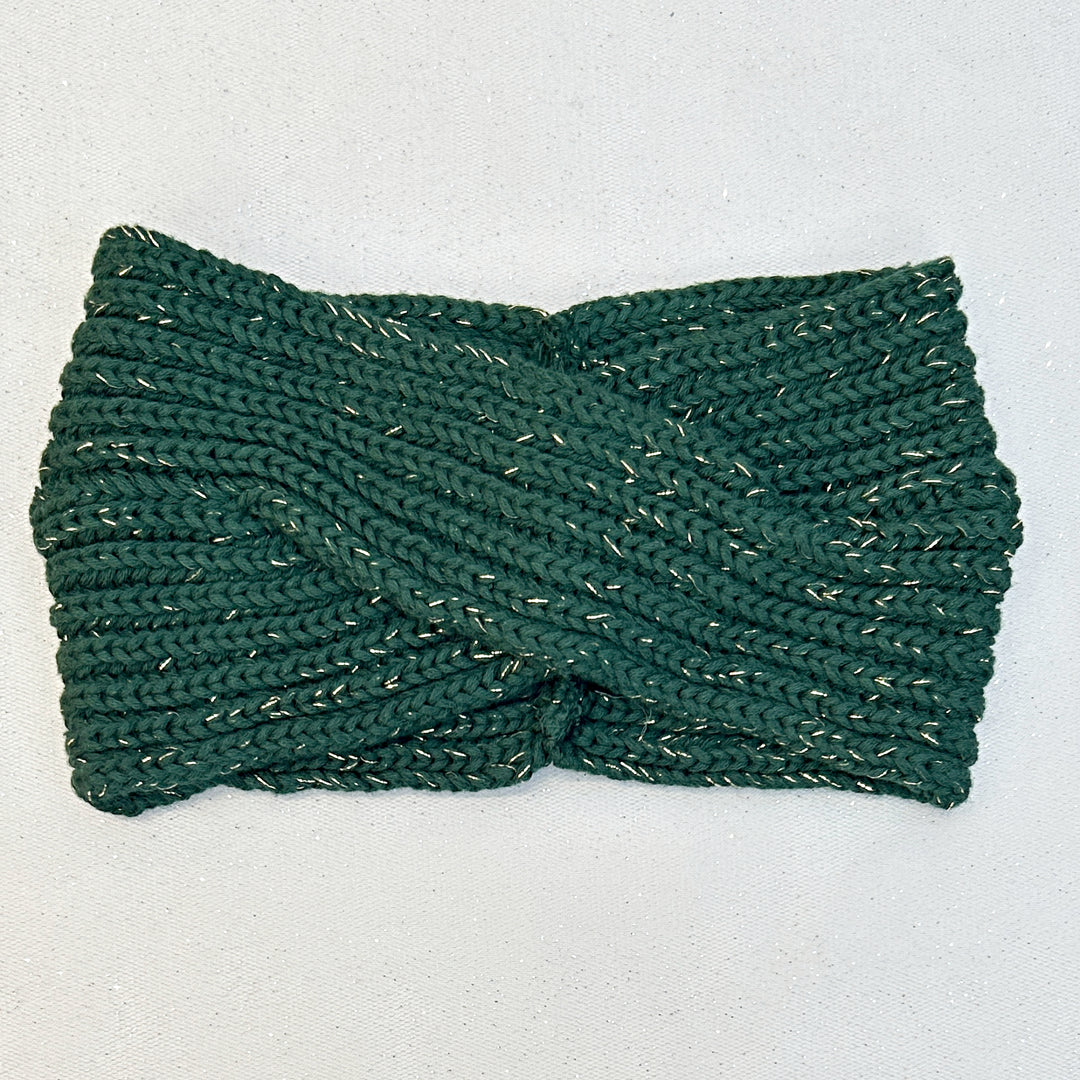 Winter Headband Green with Brooch in Organic Cotton Lurex Ear Warmer