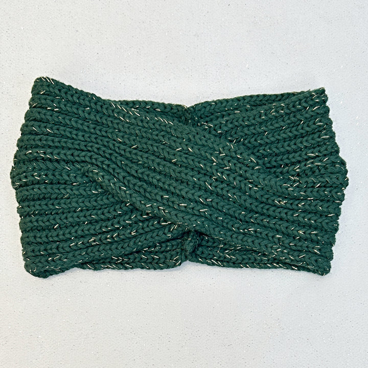 Winter Headband Green with Brooch in Organic Cotton Lurex Ear Warmer