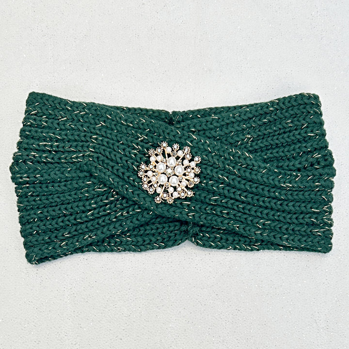 Winter Headband Green with Pearl Brooch in Organic Cotton Lurex Ear Warmer