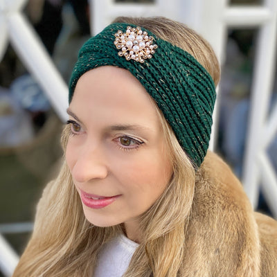 Winter Headband Green with Pearl Brooch in Organic Cotton Lurex