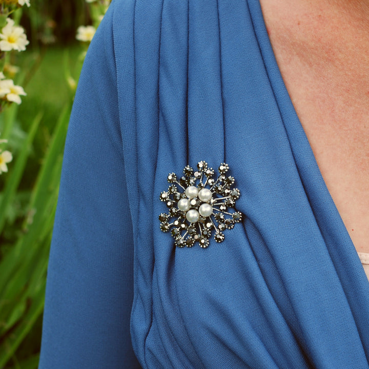 Winter Headband Navy Silver with Pearl Brooch