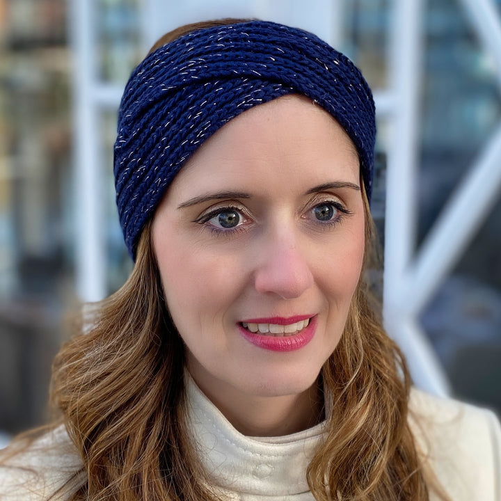 Winter Headband Navy with Brooch in Organic Cotton Lurex