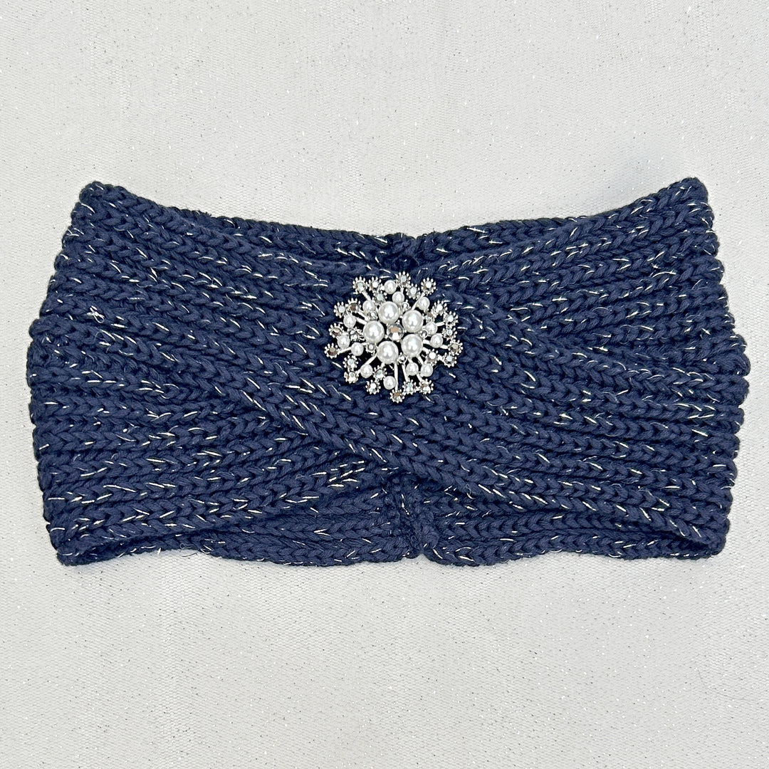 Winter Headband Navy with Pearl Brooch in Organic Cotton Lurex Ear Warmer