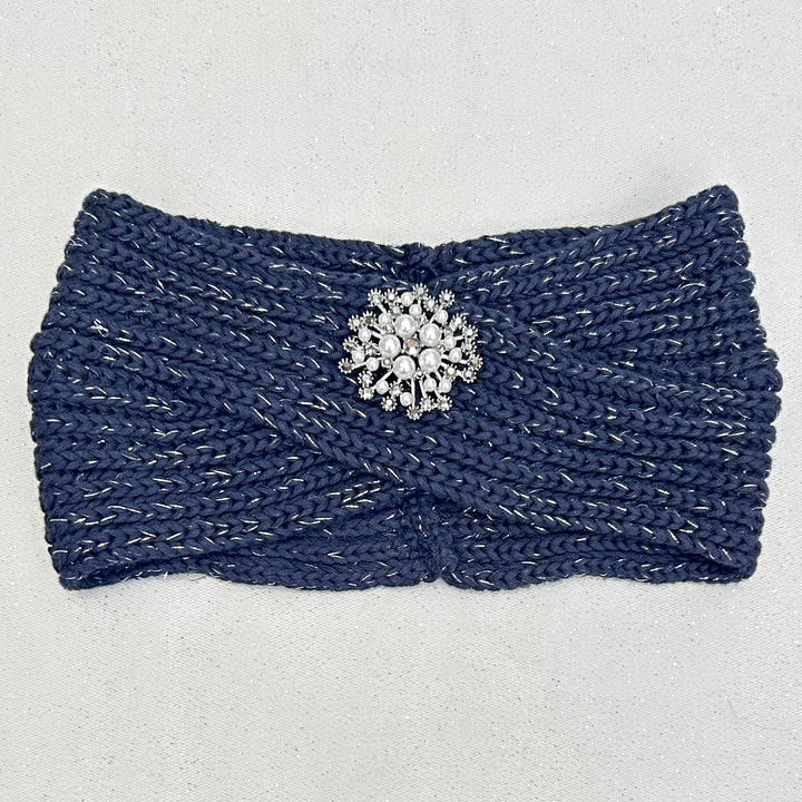 Winter Headband Navy with Pearl Brooch in Organic Cotton Lurex Ear Warmer