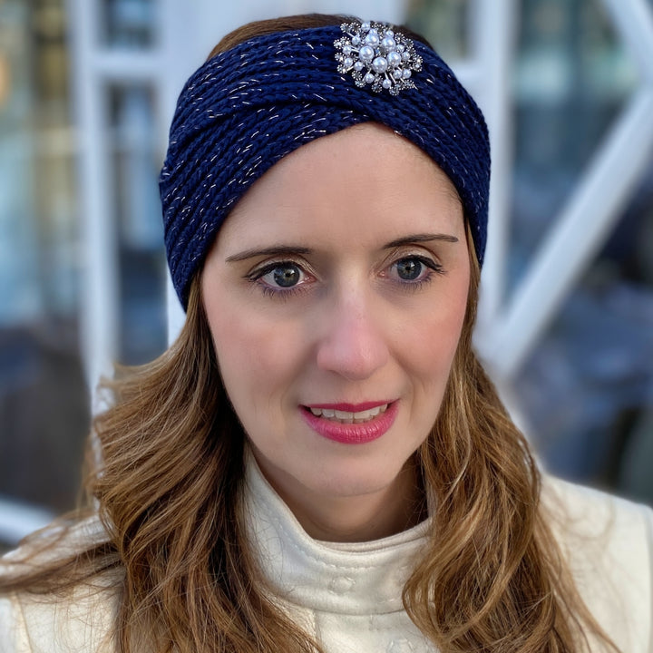 Winter Headband Navy with Pearl Brooch in Organic Cotton Lurex