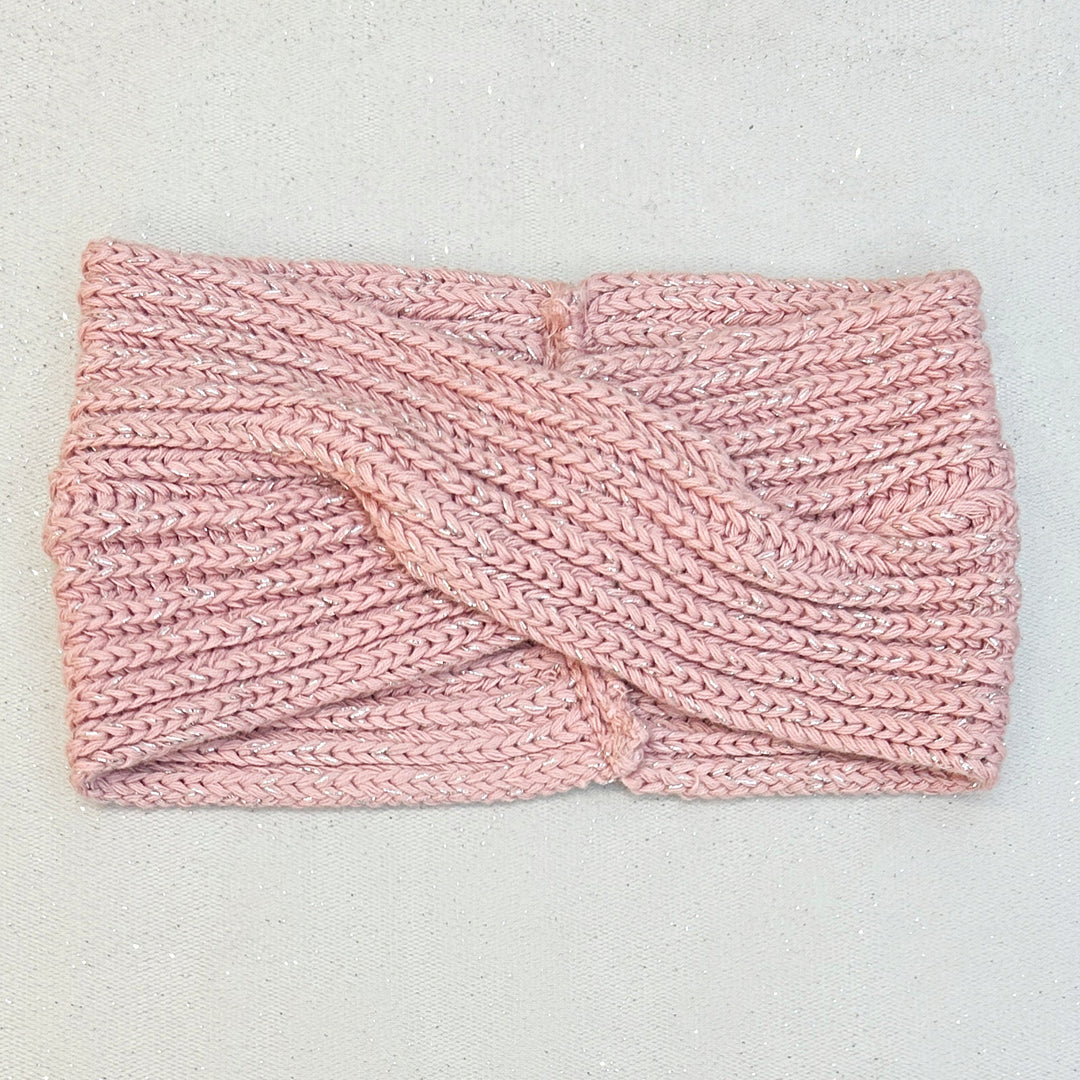Winter Headband Pink with Brooch in Organic Cotton Lurex Ear Warmer